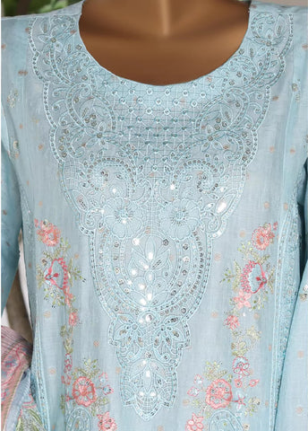 3 Piece Embroidred Stitched Pastel Blue Color Lawn Shirt with Embroidered Trouser & Dupata