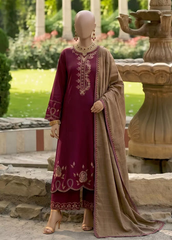 3 Piece Embroidred Stitched Maroon Color Marina Suit with Trouser & Dupatta