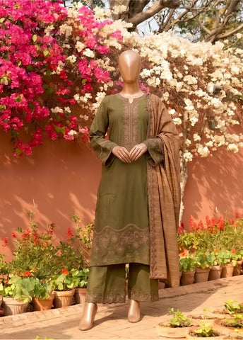 3 Piece Embroidred Stitched Olive Green Color Marina Suit with Trouser & Dupatta