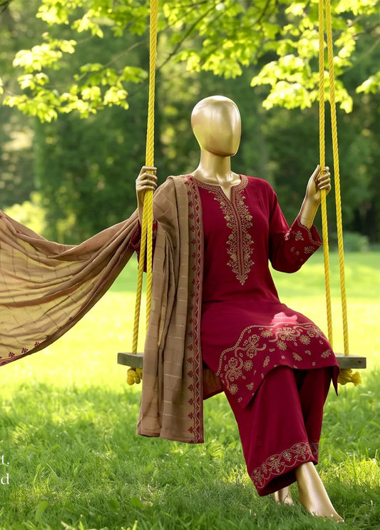 3 Piece Embroidred Stitched Maroon Color Marina Suit with Trouser & Dupatta