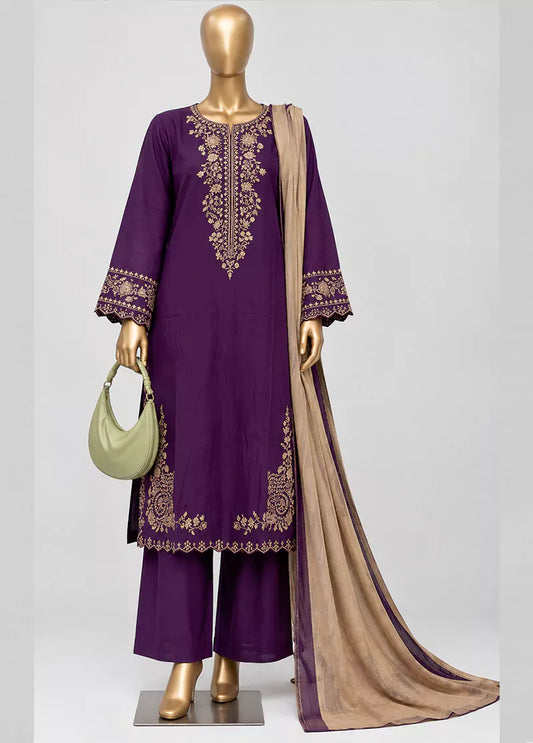 3 Piece Embroidred Stitched Purple Color Marina Suit with Trouser & Dupatta