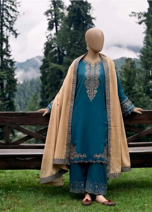 3 Piece Embroidred Stitched Teal Color Marina Suit with Trouser & Dupatta