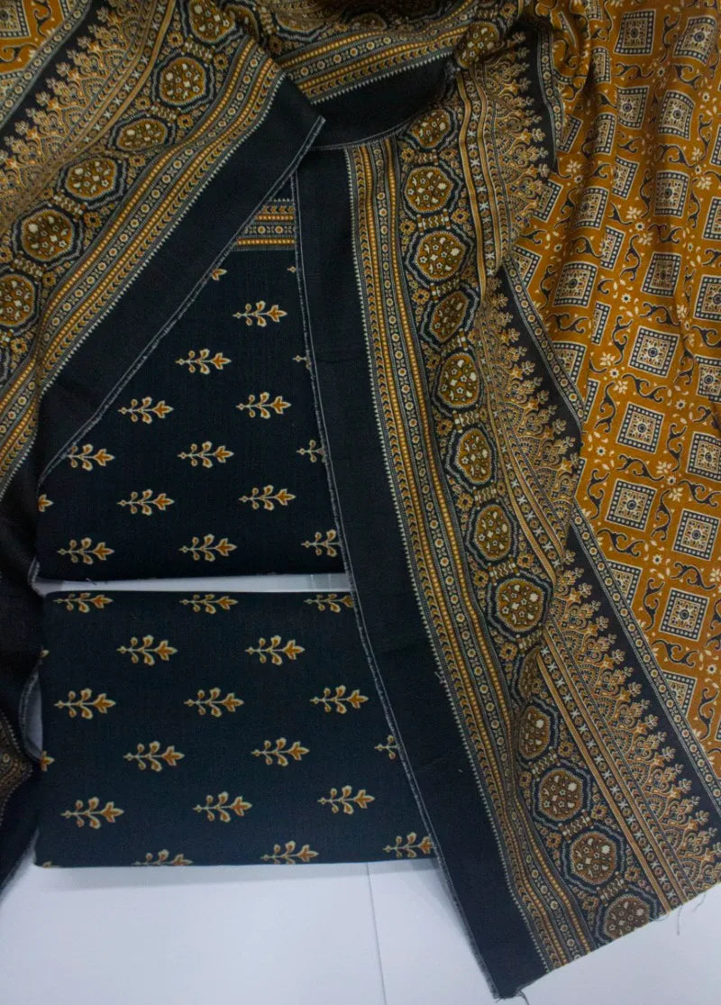 3 Piece Printed Black Color Khaddar Unstitched Suit