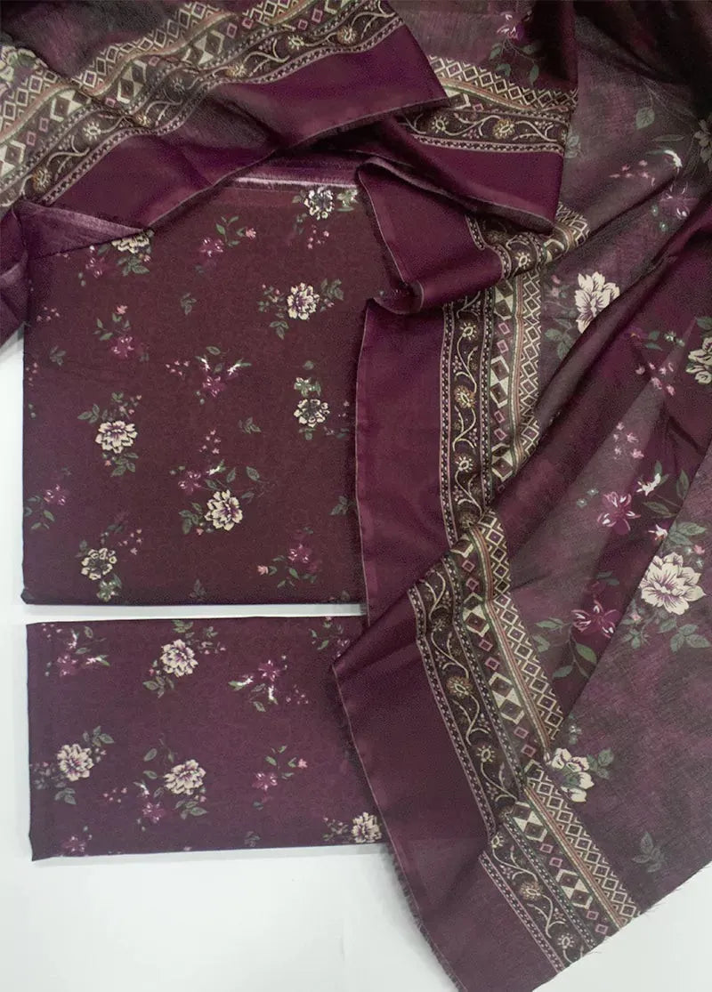 3 Piece Printed Plum Color Khaddar Unstitched Suit