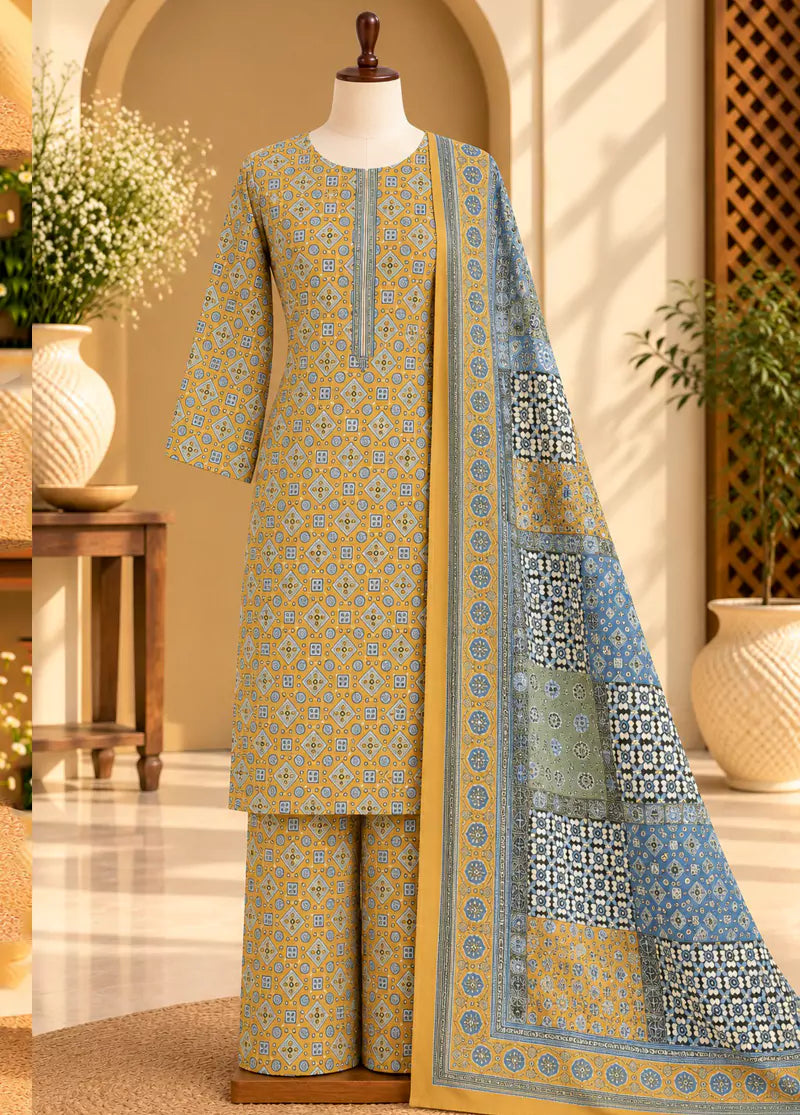 3 Piece Printed Yellow Color Khaddar Unstitched Suit