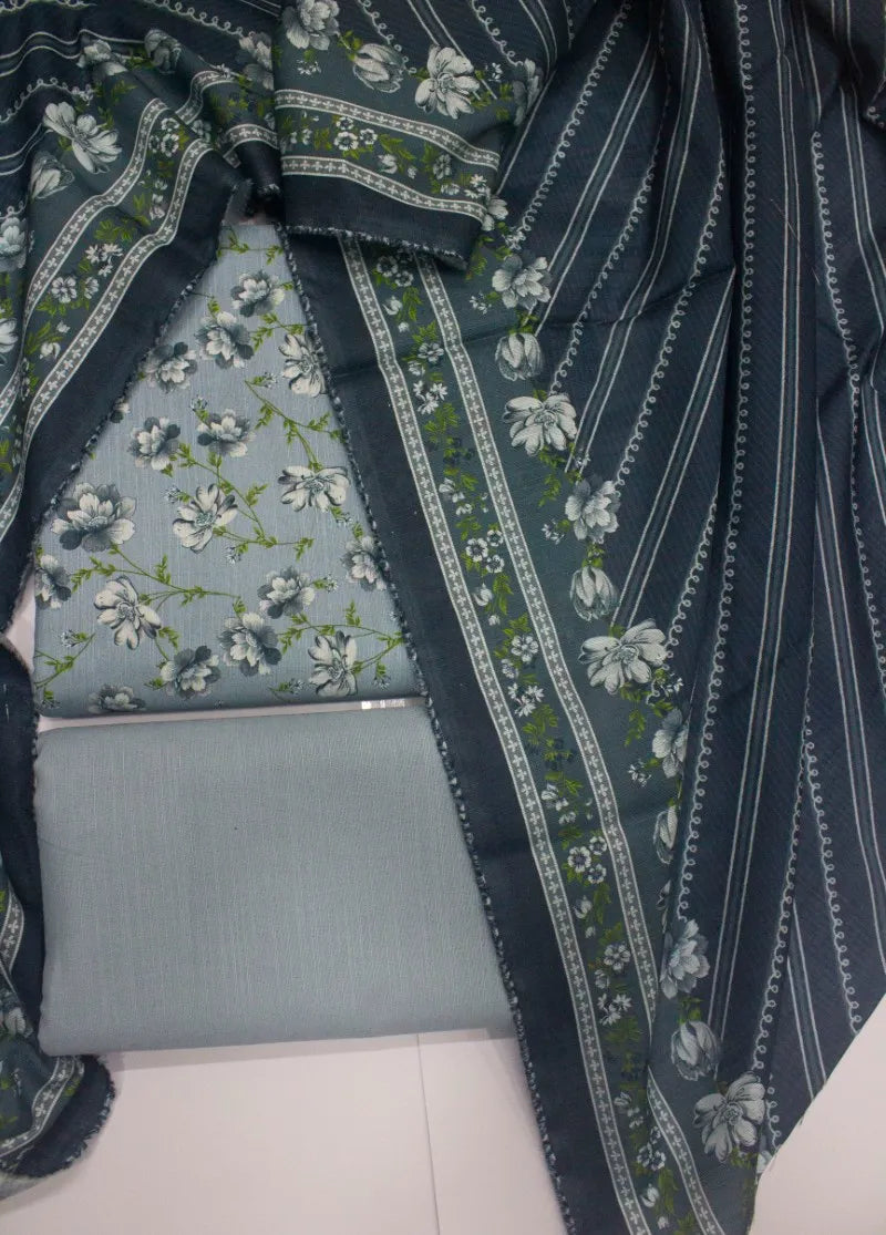 3 Piece Printed Ice Blue Color Khaddar Unstitched Suit