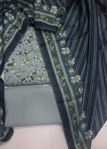 3 Piece Printed Ice Blue Color Khaddar Unstitched Suit