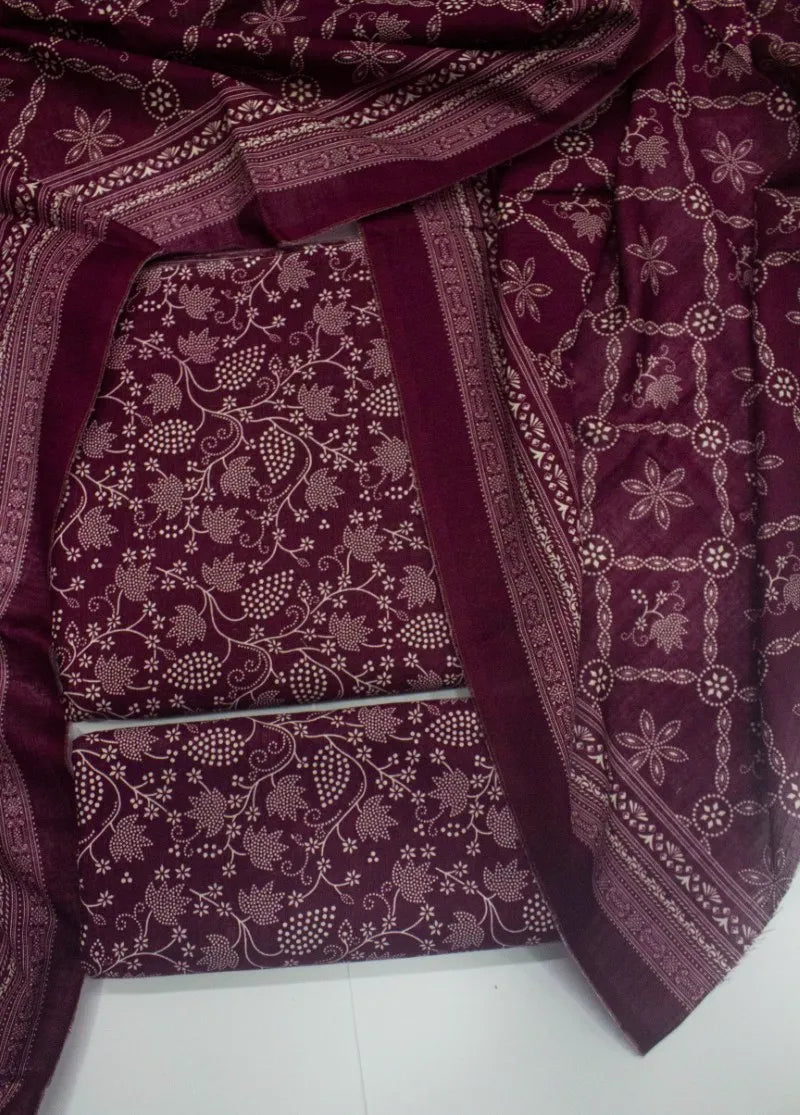 3 Piece Printed Maroon Color Khaddar Unstitched Suit