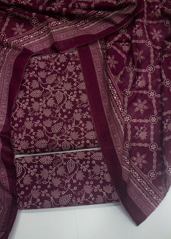 3 Piece Printed Maroon Color Khaddar Unstitched Suit