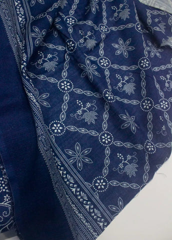 3 Piece Printed Navy Blue Color Khaddar Unstitched Suit