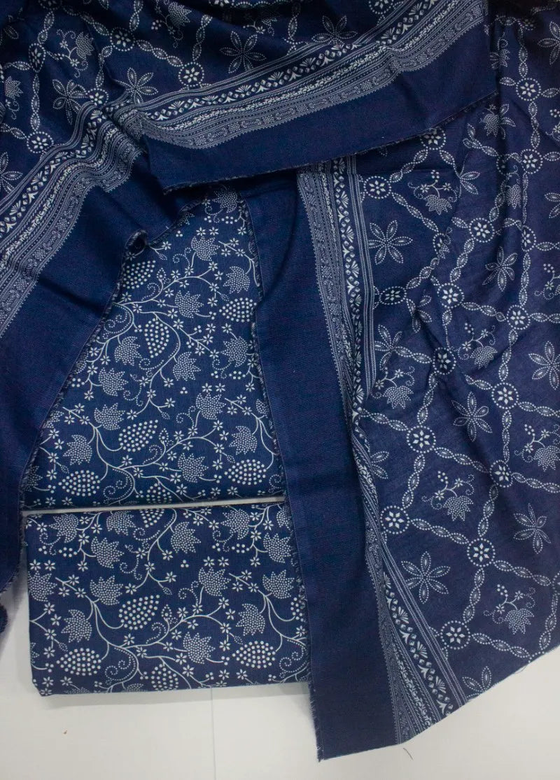 3 Piece Printed Navy Blue Color Khaddar Unstitched Suit