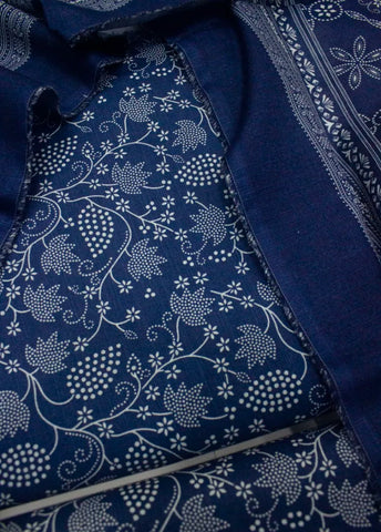 3 Piece Printed Navy Blue Color Khaddar Unstitched Suit