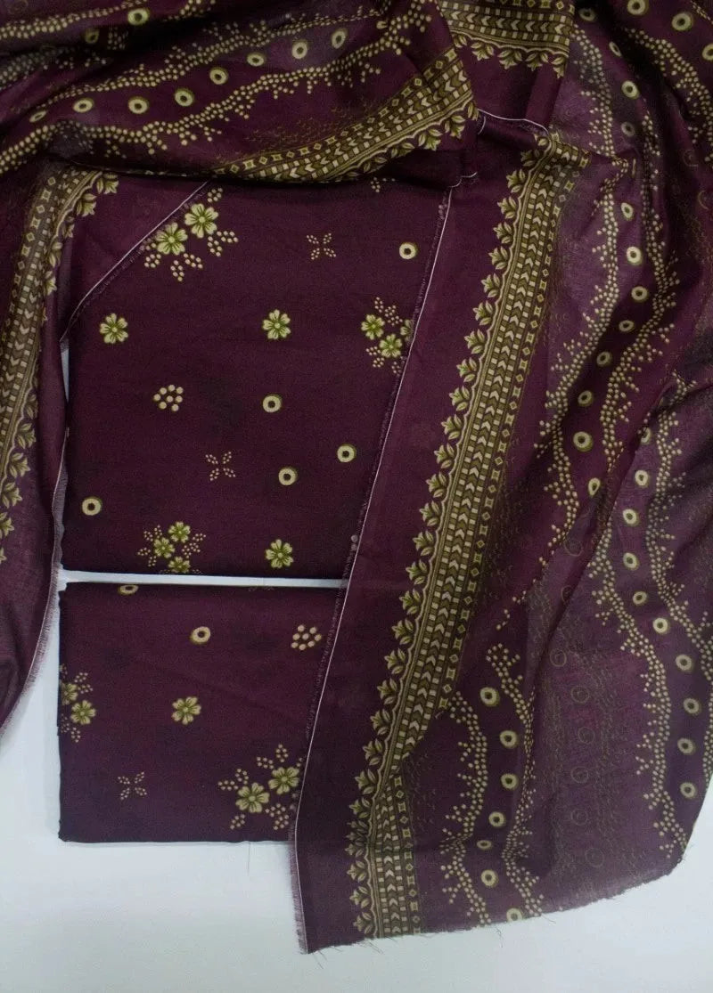 3 Piece Printed Plum Color Khaddar Unstitched Suit
