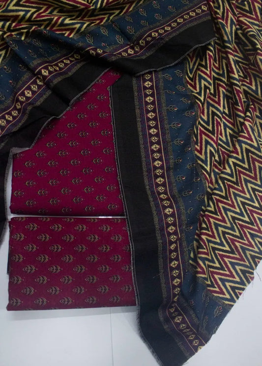 3 Piece Printed Shocking Pink Color Khaddar Unstitched Suit