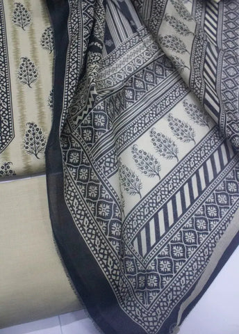 3 Piece Printed Off White Color Khaddar Unstitched Suit