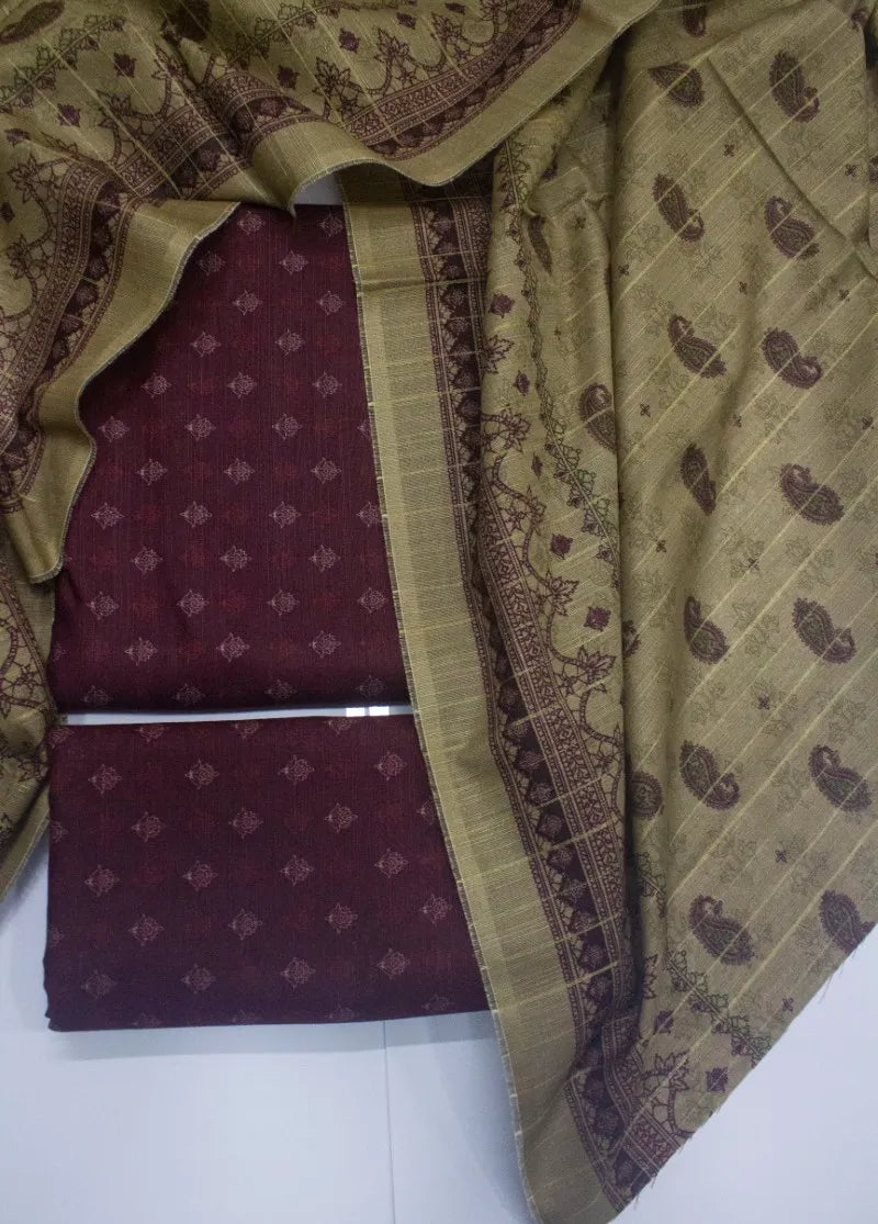 3 Piece Printed Maroon Color Khaddar Unstitched Suit