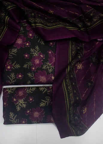 3 Piece Printed Black Color Khaddar Unstitched Suit