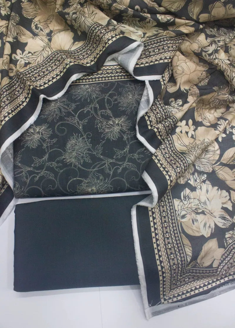 3 Piece Printed Grey Color Khaddar Unstitched Suit