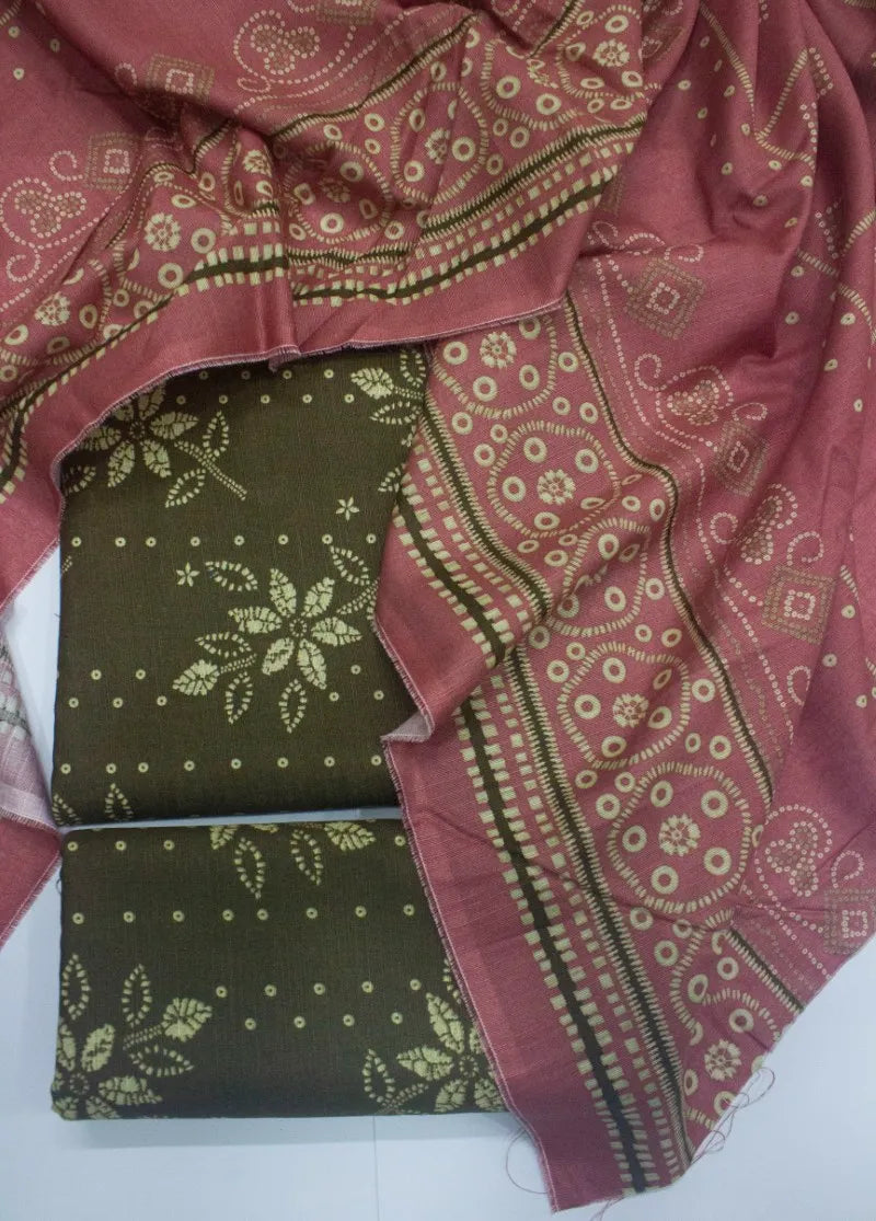 3 Piece Printed Olive Green Color Khaddar Unstitched Suit