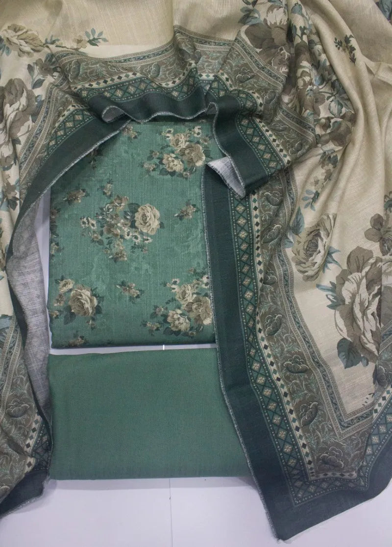3 Piece Printed Mint Green Color Khaddar Unstitched Suit
