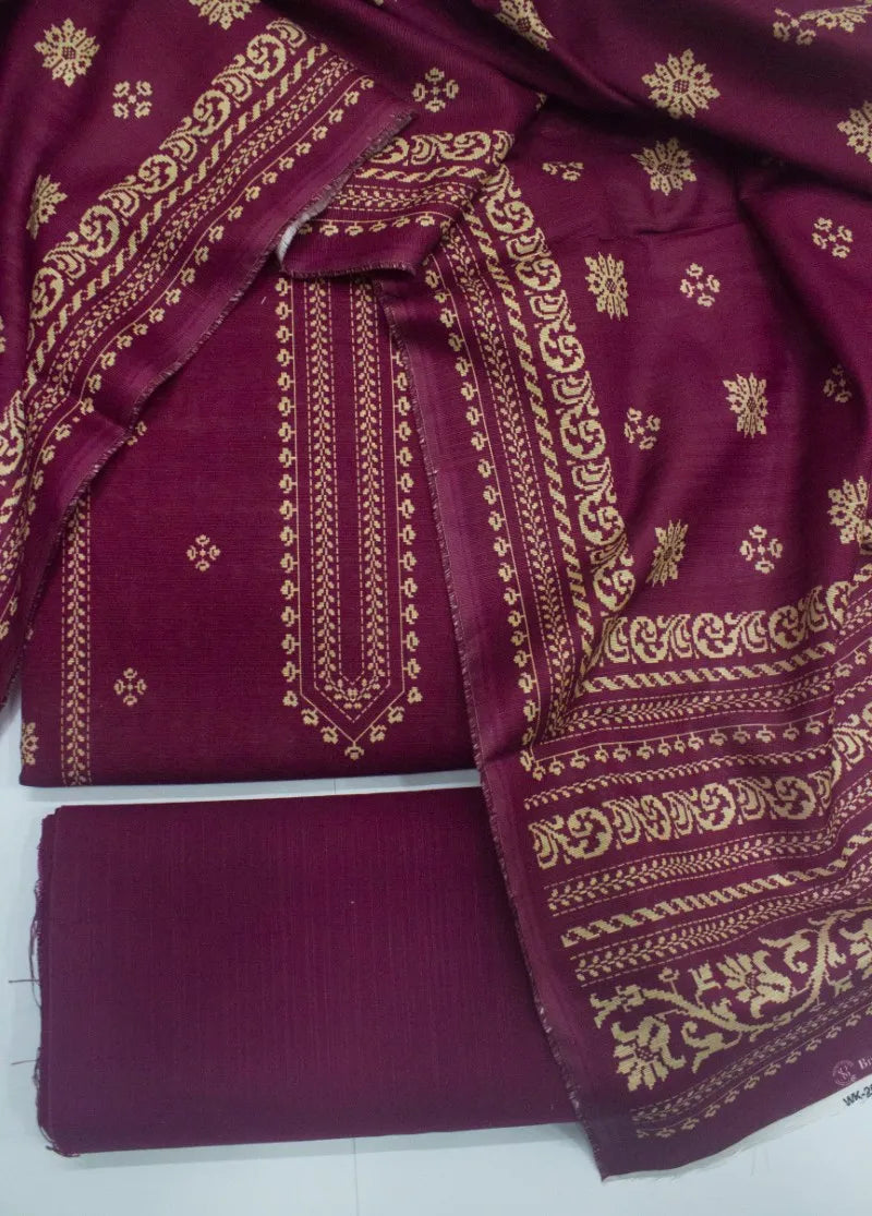 3 Piece Printed Maroon Color Khaddar Unstitched Suit
