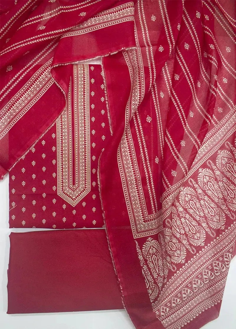 3 Piece Printed Red Color Khaddar Unstitched Suit