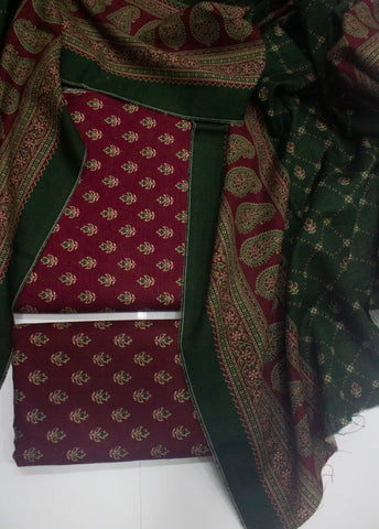 3 Piece Printed Maroon Color Khaddar Unstitched Suit