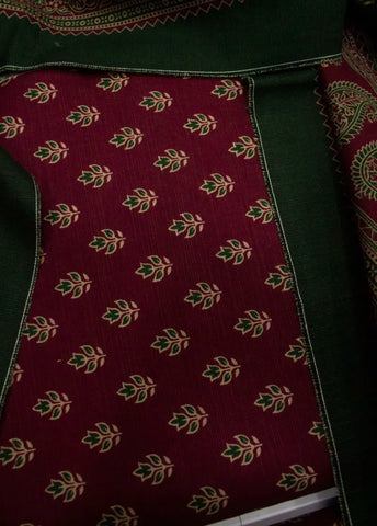 3 Piece Printed Maroon Color Khaddar Unstitched Suit