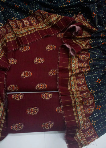 3 Piece Printed Maroon Color Khaddar Unstitched Suit