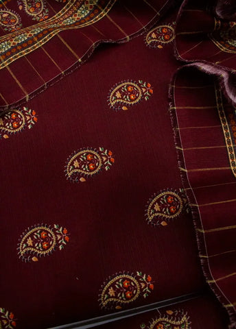 3 Piece Printed Maroon Color Khaddar Unstitched Suit