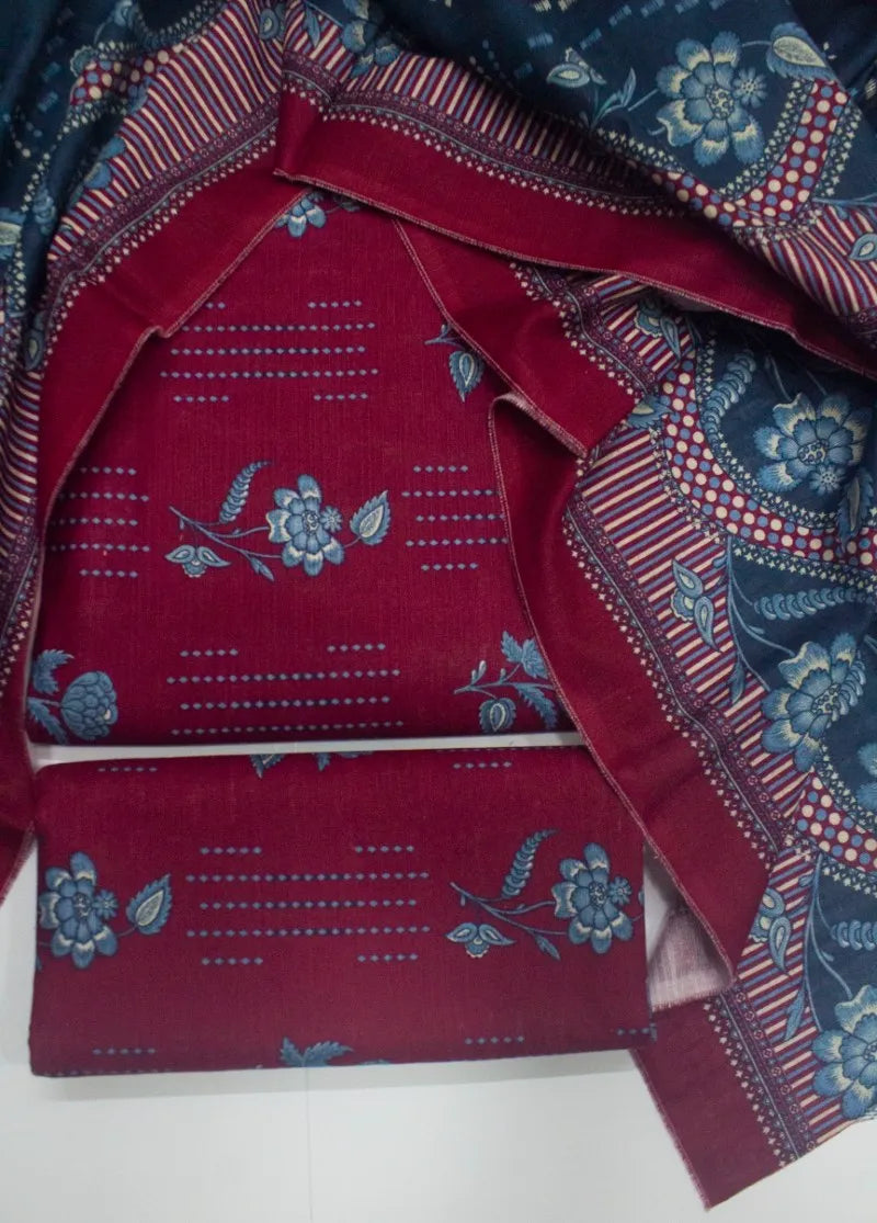 3 Piece Printed Red Color Khaddar Unstitched Suit
