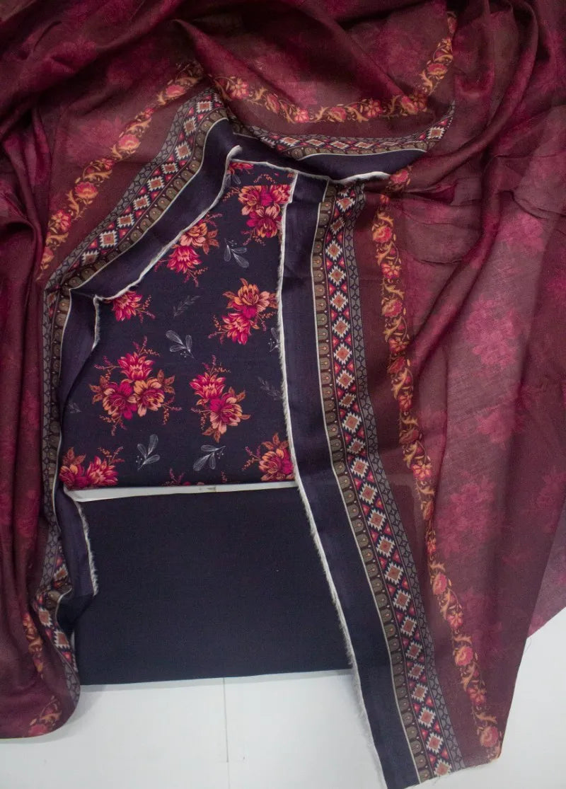 3 Piece Printed Purple Color Khaddar Unstitched Suit