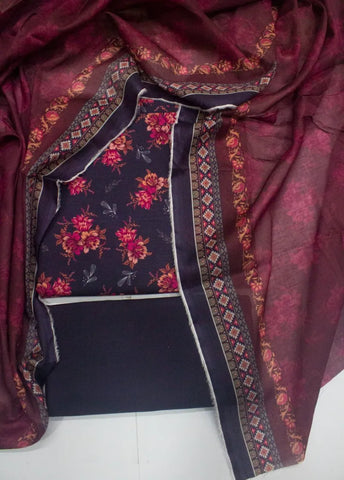 3 Piece Printed Purple Color Khaddar Unstitched Suit