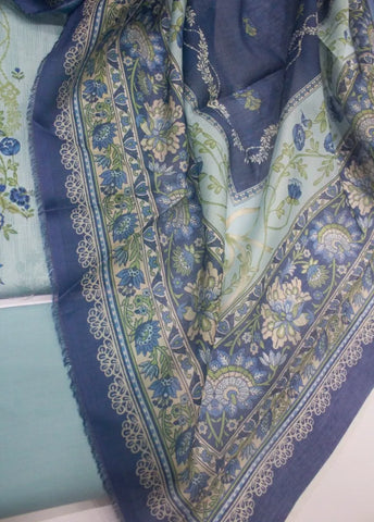 3 Piece Printed Blue Color Khaddar Unstitched Suit