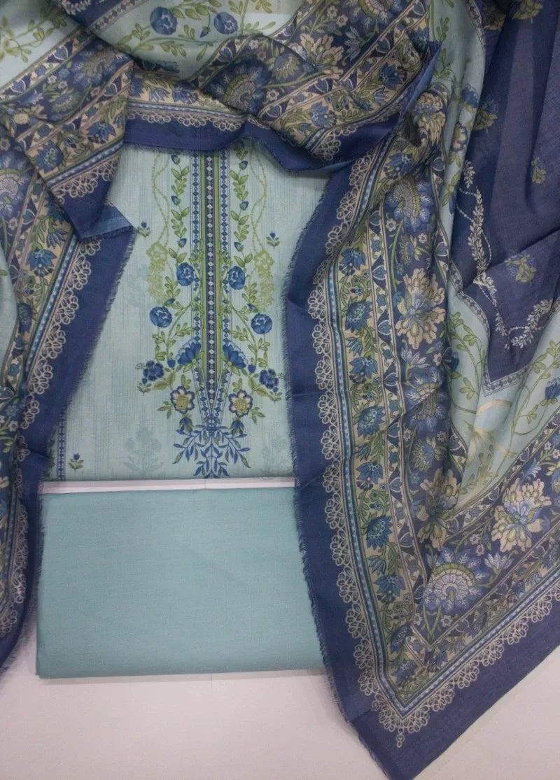 3 Piece Printed Blue Color Khaddar Unstitched Suit