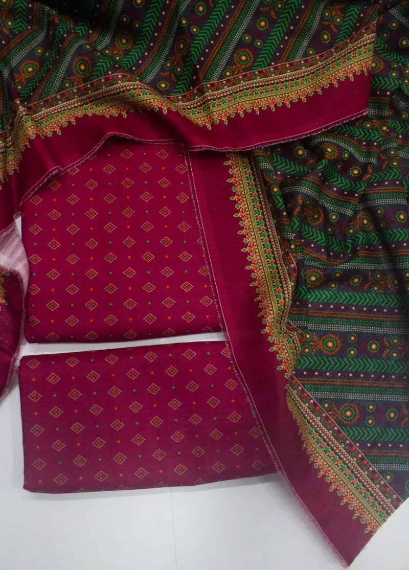 3 Piece Printed Red Color Khaddar Unstitched Suit