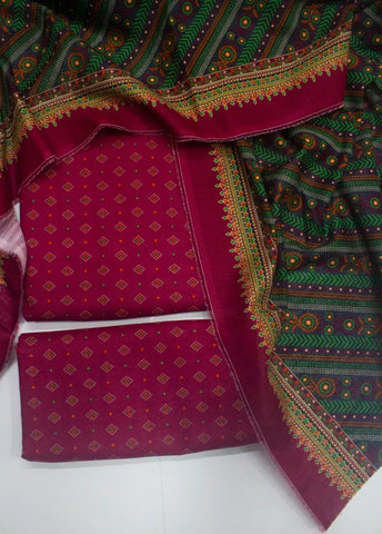 3 Piece Printed Red Color Khaddar Unstitched Suit