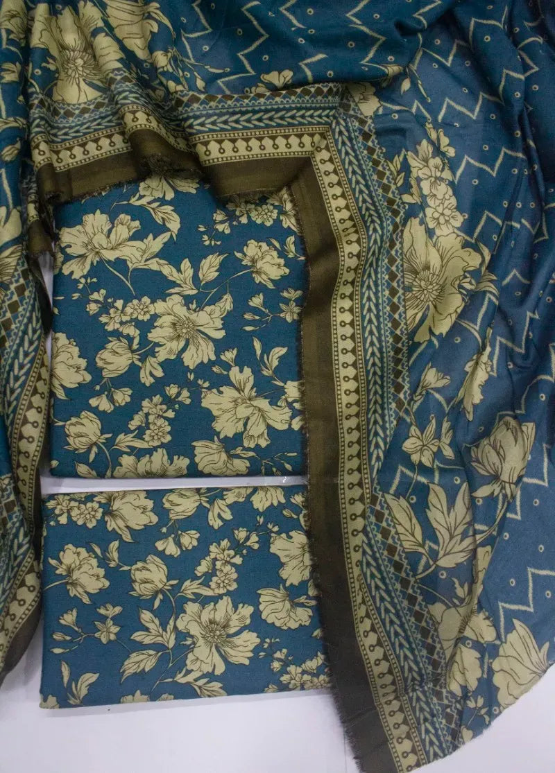 3 Piece Printed Teal Color Khaddar Unstitched Suit