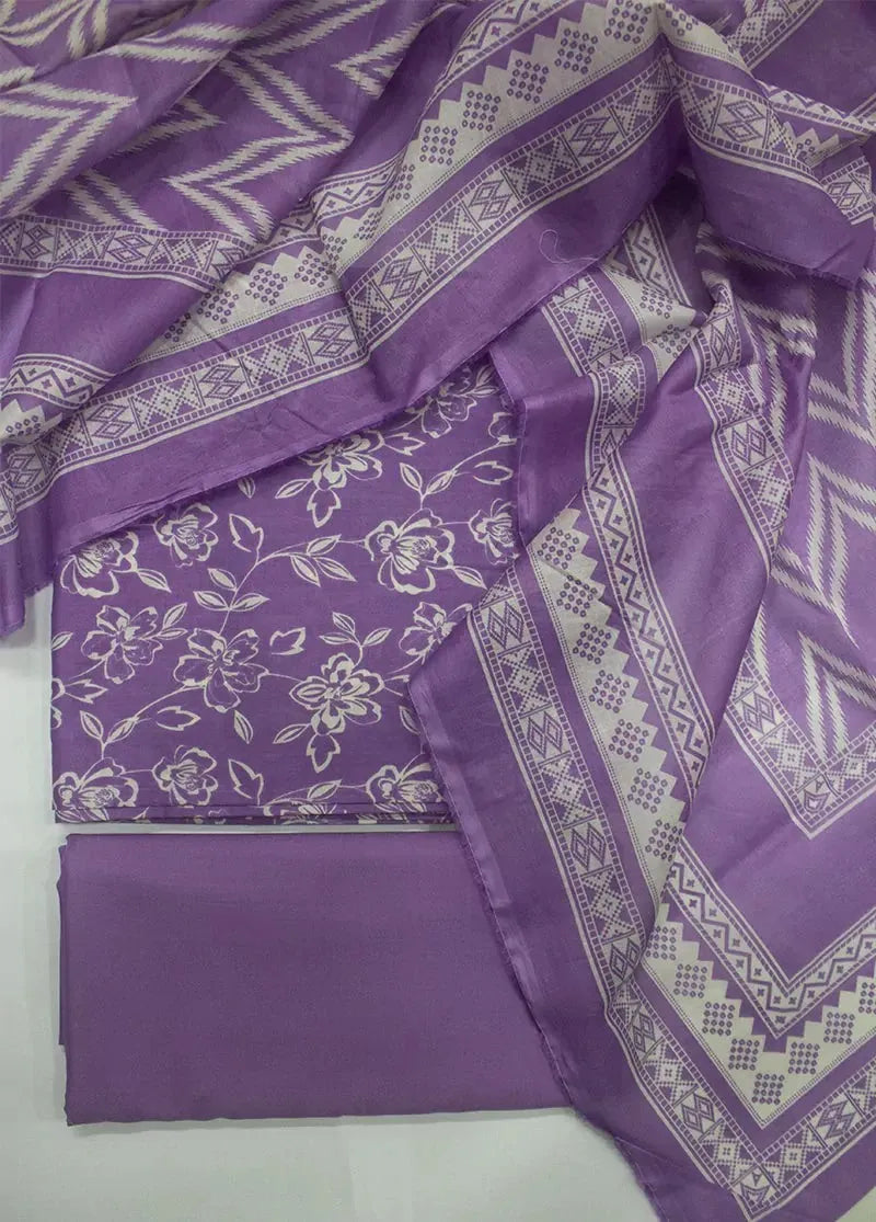 3 Piece Printed Lilac Color Khaddar Unstitched Suit