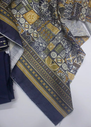 3 Piece Printed Navy Blue Color Khaddar Unstitched Suit