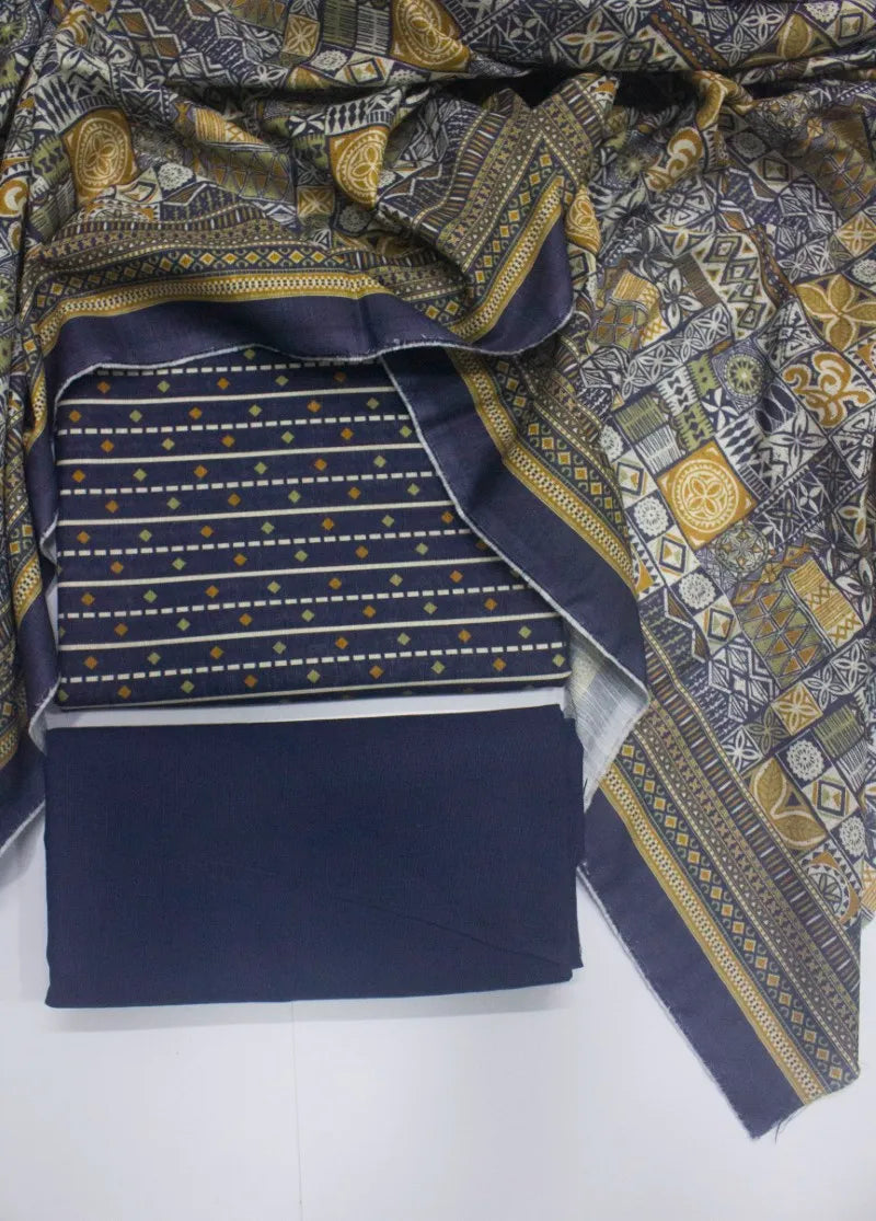 3 Piece Printed Navy Blue Color Khaddar Unstitched Suit