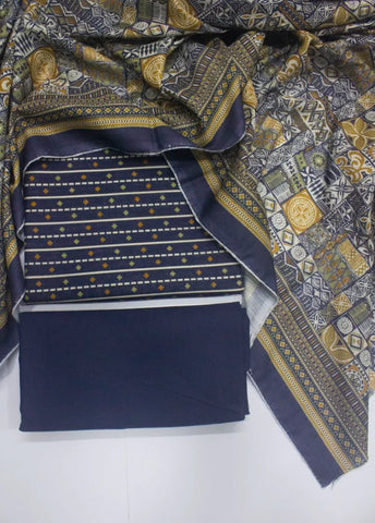 3 Piece Printed Navy Blue Color Khaddar Unstitched Suit