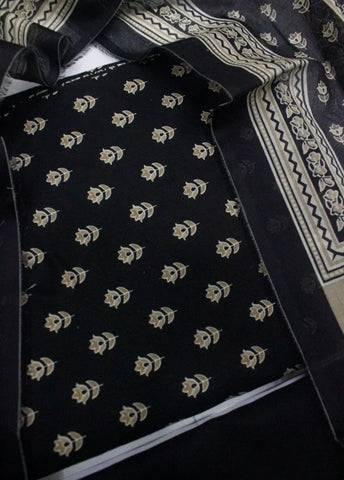 3 Piece Printed Black Color Khaddar Unstitched Suit