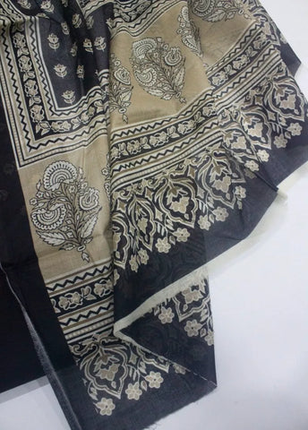 3 Piece Printed Black Color Khaddar Unstitched Suit