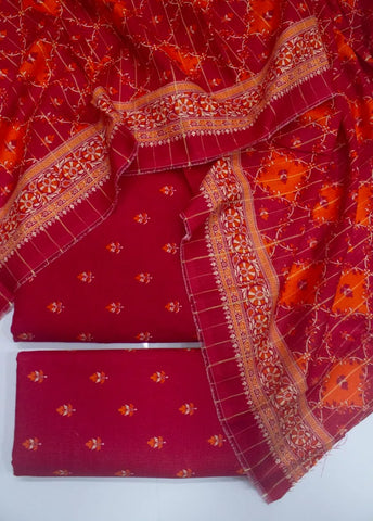 3 Piece Printed Red Color Khaddar Unstitched Suit