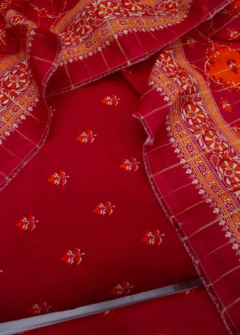 3 Piece Printed Red Color Khaddar Unstitched Suit