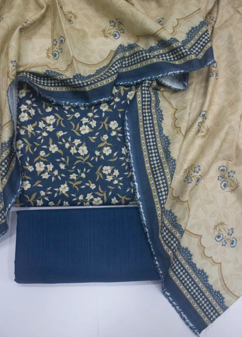 3 Piece Printed Navy Blue Color Khaddar Unstitched Suit