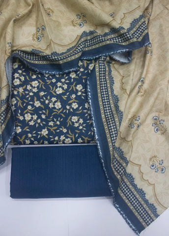 3 Piece Printed Navy Blue Color Khaddar Unstitched Suit