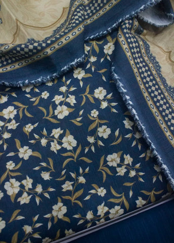 3 Piece Printed Navy Blue Color Khaddar Unstitched Suit