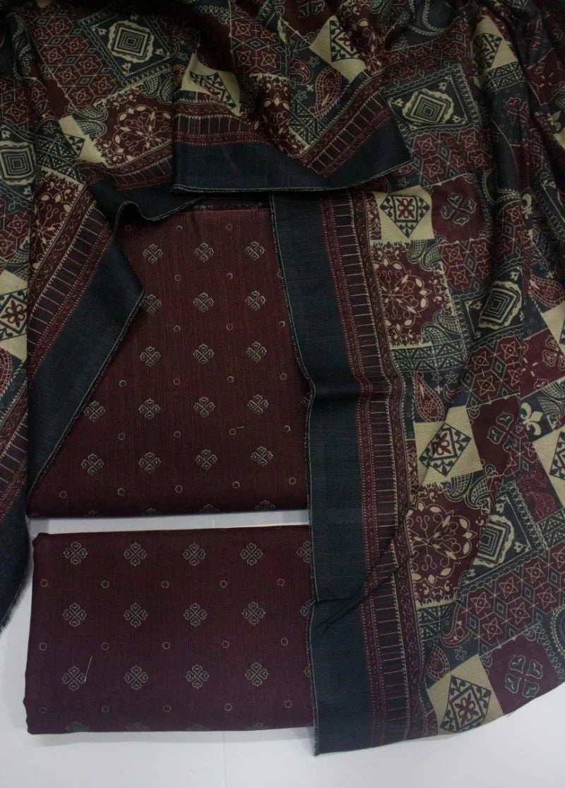 3 Piece Printed Maroon Color Khaddar Unstitched Suit